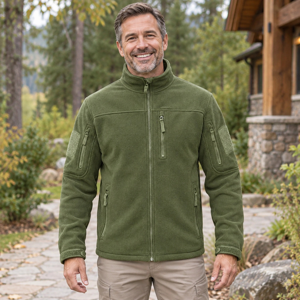 Lucas Multi Pocket Zip Fleece Jacket Green construction detail worn by an adult model in a realistic setting — view 8