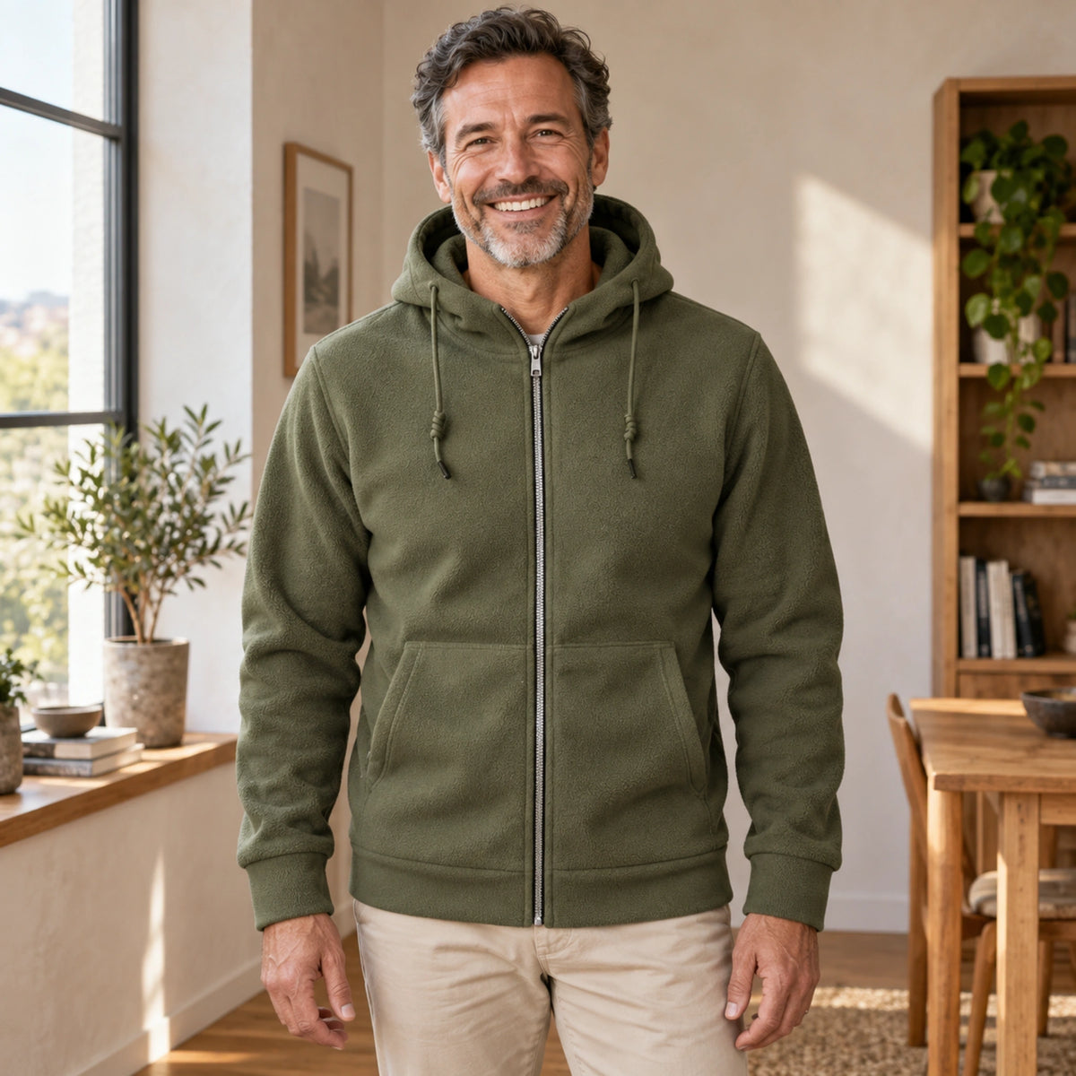Mason Hooded Full Zip Fleece Jacket Olive Green front worn by an adult model in a realistic setting, complete garment visible