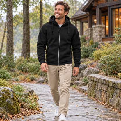 Mason Hooded Full Zip Fleece Jacket Black worn by an adult model in a realistic setting, complete garment visible — view 10