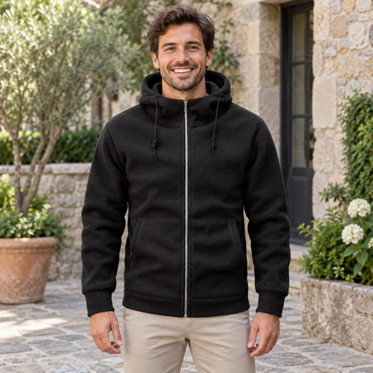 Mason Hooded Full Zip Fleece Jacket Black front worn by an adult model in a realistic setting, complete garment — view 2
