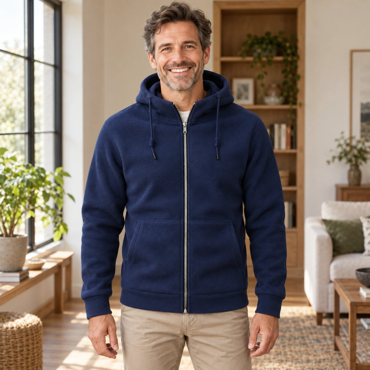 Mason Hooded Full Zip Fleece Jacket Dark Blue front worn by an adult model in a realistic setting, complete garment — view 3