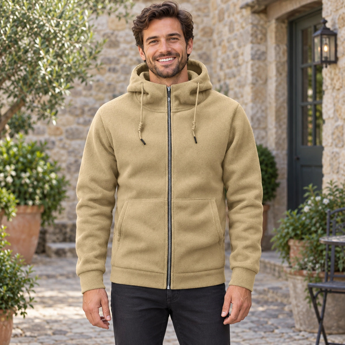 Mason Hooded Full Zip Fleece Jacket Khaki front worn by an adult model in a realistic setting, complete garment — view 4