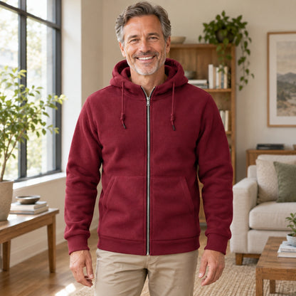 Mason Hooded Full Zip Fleece Jacket Burgundy front worn by an adult model in a realistic setting, complete garment — view 5
