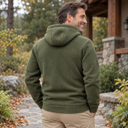 Mason Hooded Full Zip Fleece Jacket Olive Green back worn by an adult model in a realistic setting, complete garment — view 7