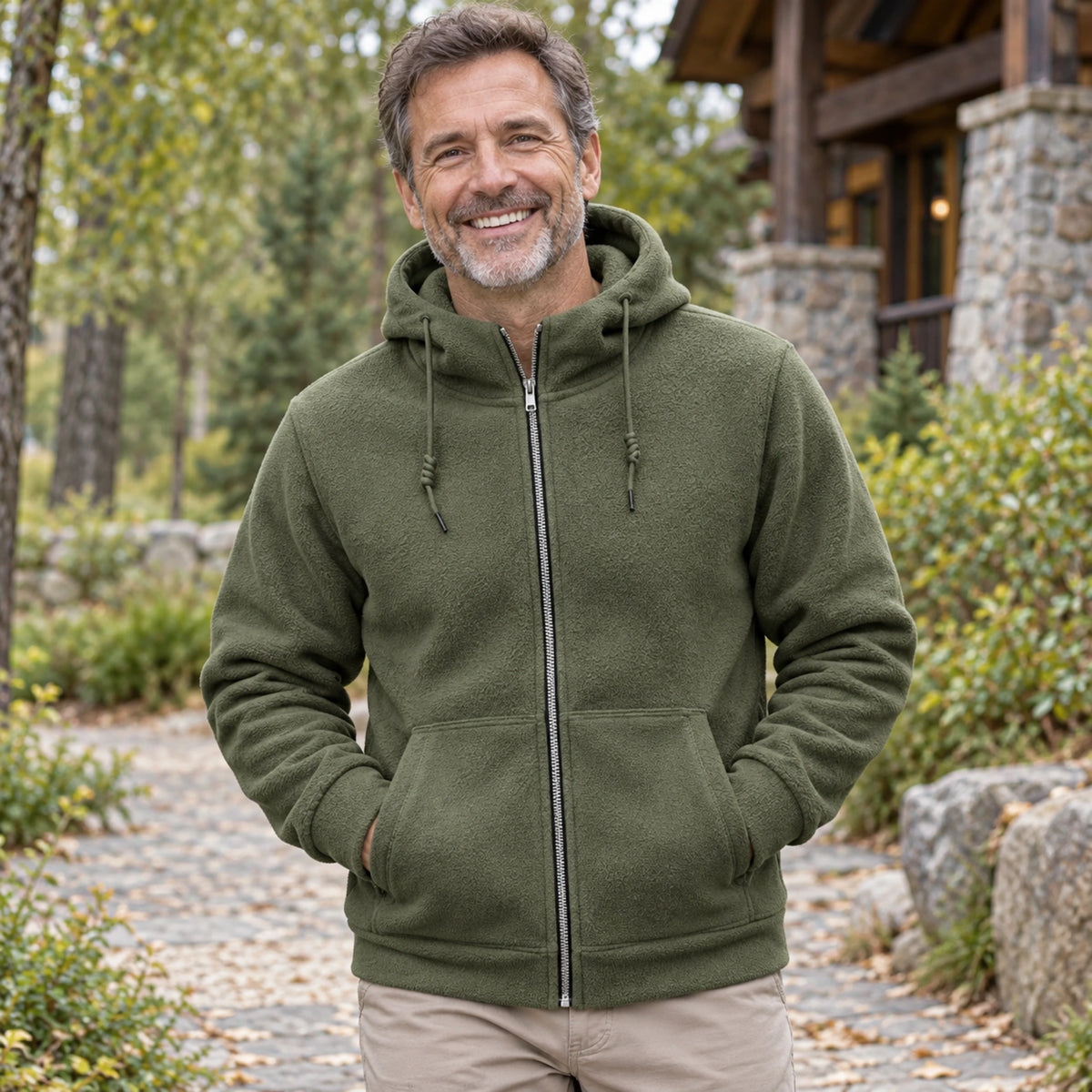 Mason Hooded Full Zip Fleece Jacket Olive Green neckline support worn by an adult model in a realistic setting — view 8