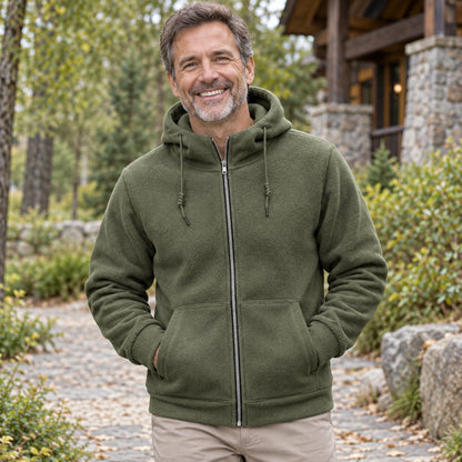 Mason Hooded Full Zip Fleece Jacket Olive Green neckline support worn by an adult model in a realistic setting — view 8