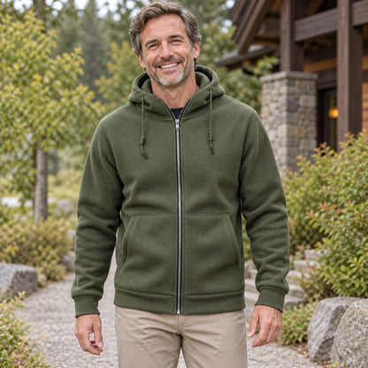 Mason Hooded Full Zip Fleece Jacket Olive Green construction detail worn by an adult model in a realistic setting — view 9