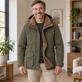 fleece jacket — Mason Hooded Fleece Lined Utility Jacket Green front worn by an adult model in a realistic setting, complete