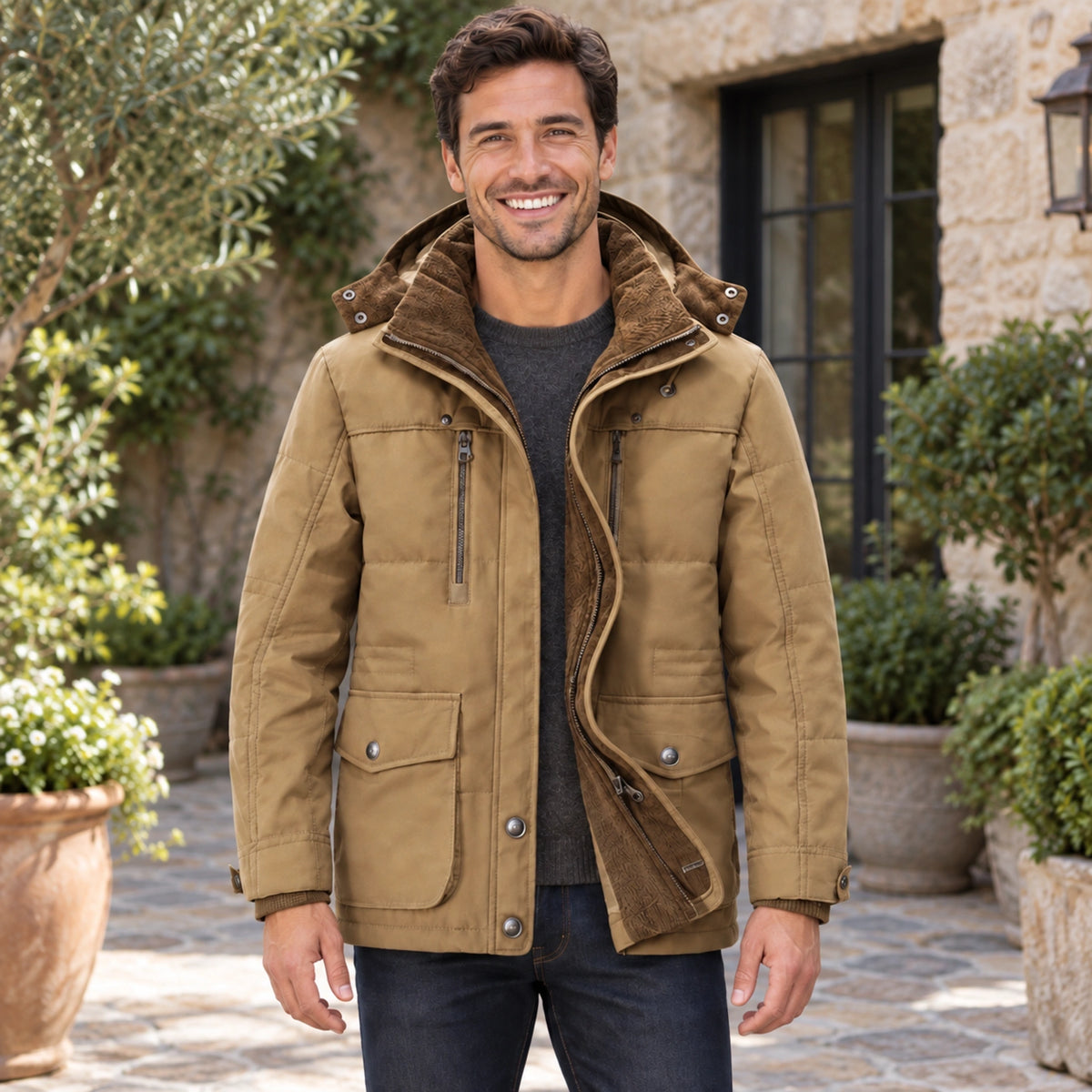 fleece jacket — Mason Hooded Fleece Lined Utility Jacket Khaki front worn by an adult model in a realistic setting — view 2