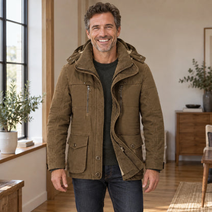 fleece jacket — Mason Hooded Fleece Lined Utility Jacket Brown front worn by an adult model in a realistic setting — view 3
