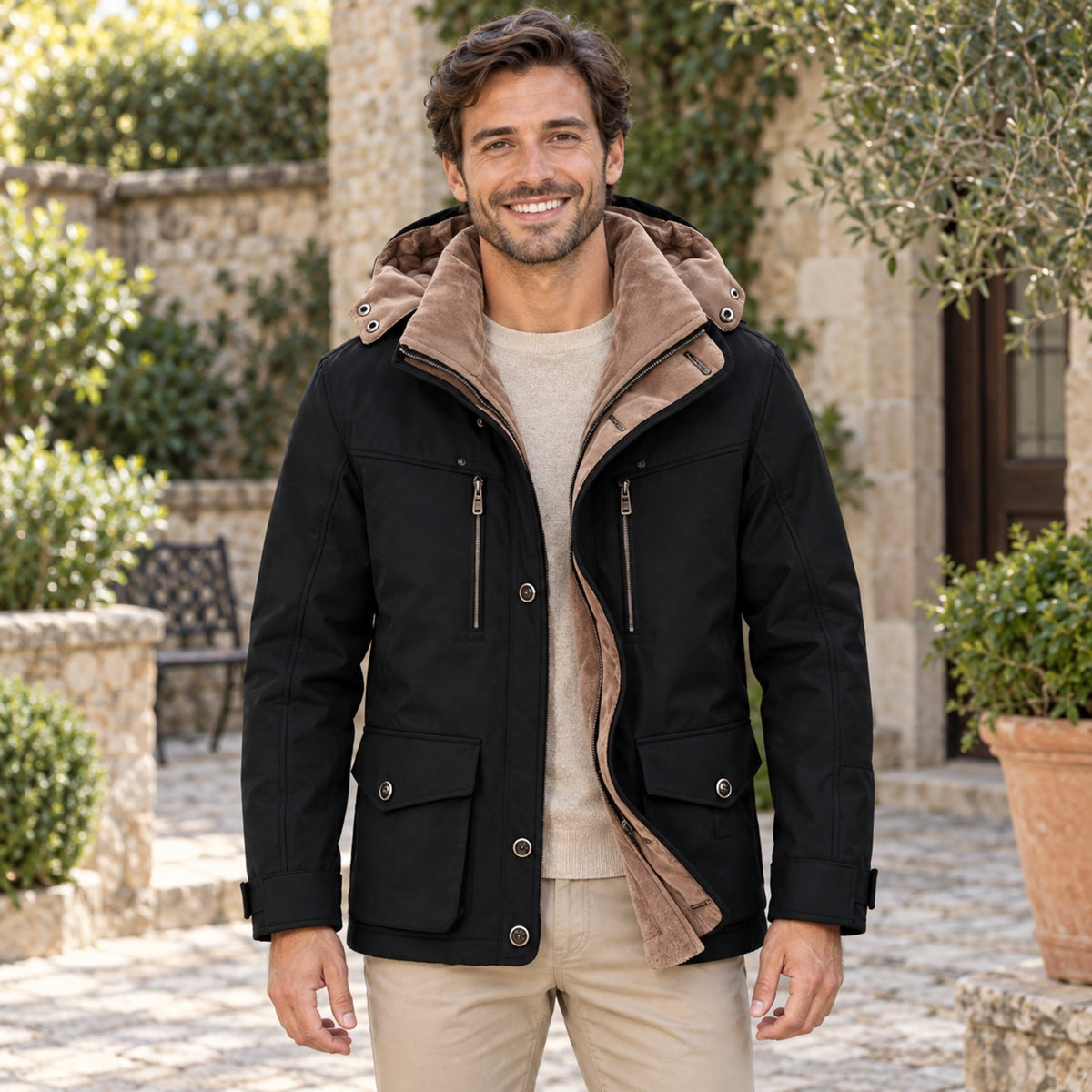 fleece jacket — Mason Hooded Fleece Lined Utility Jacket Black front worn by an adult model in a realistic setting — view 4