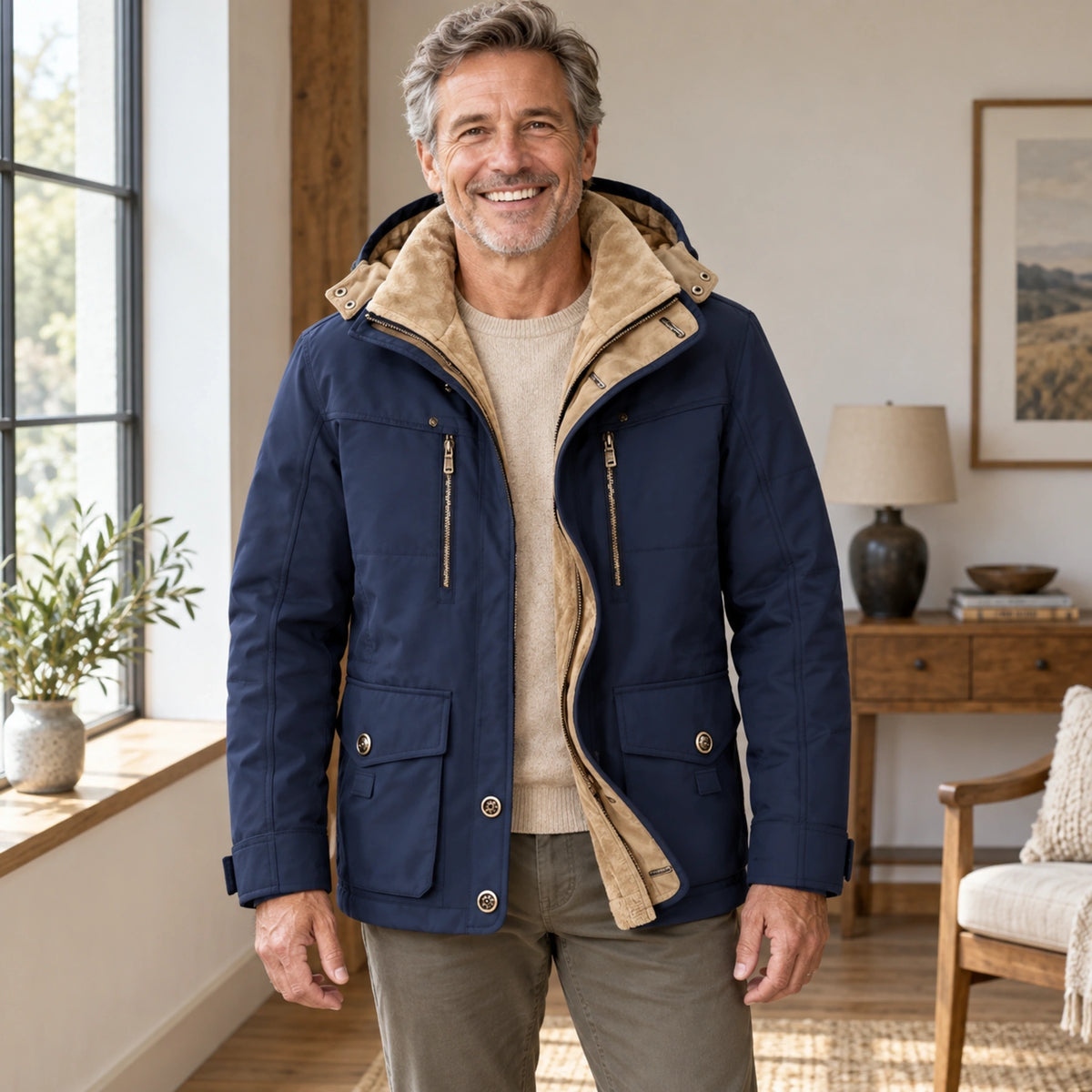 fleece jacket — Mason Hooded Fleece Lined Utility Jacket Blue front worn by an adult model in a realistic setting — view 5