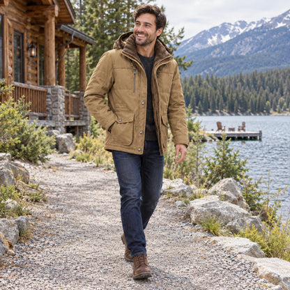 fleece jacket — Mason Hooded Fleece Lined Utility Jacket Khaki worn by an adult model in a realistic setting — view 9