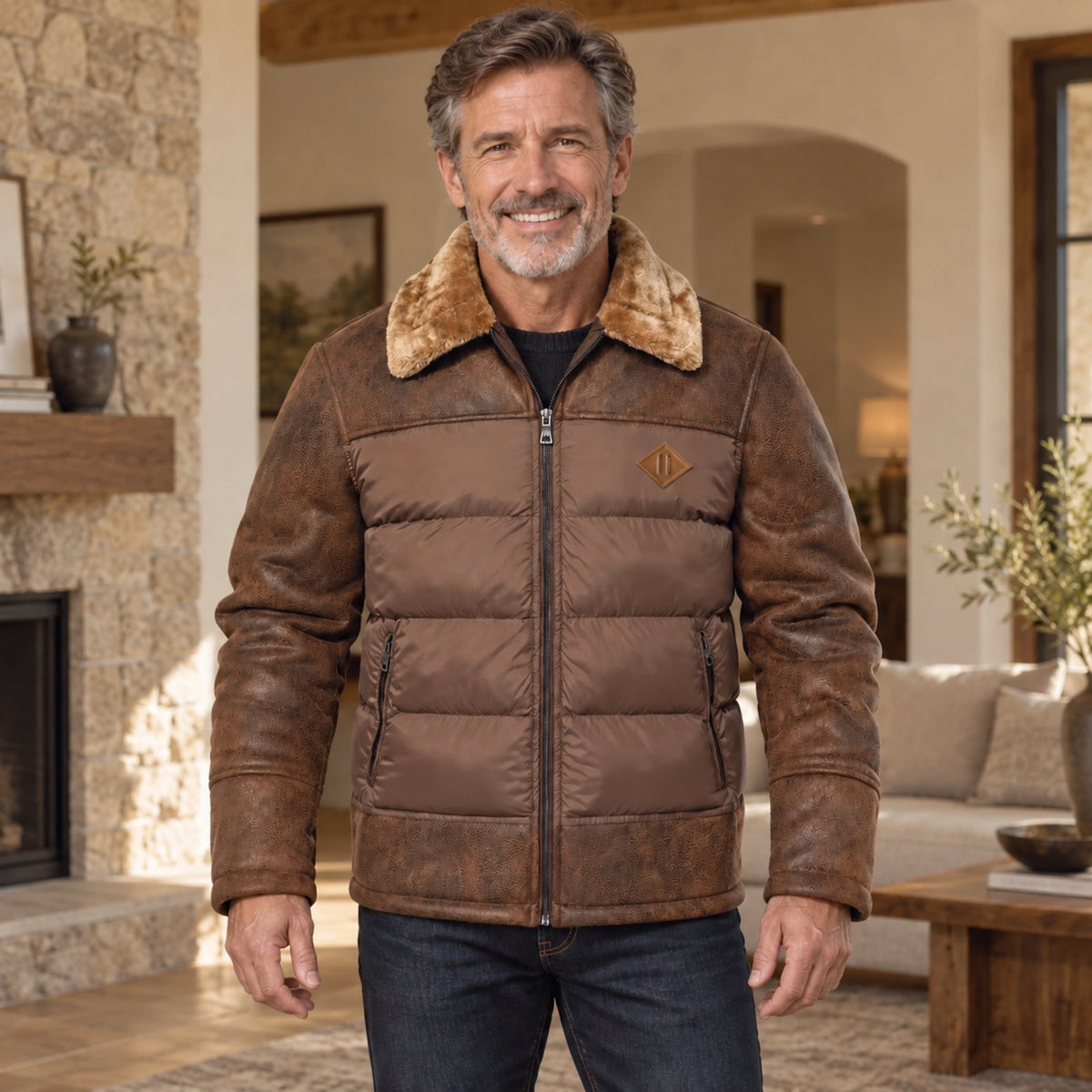 fleece jacket — Mason Brown complete front view, worn by a joyful smiling adult model age 50 in real setting — view 2