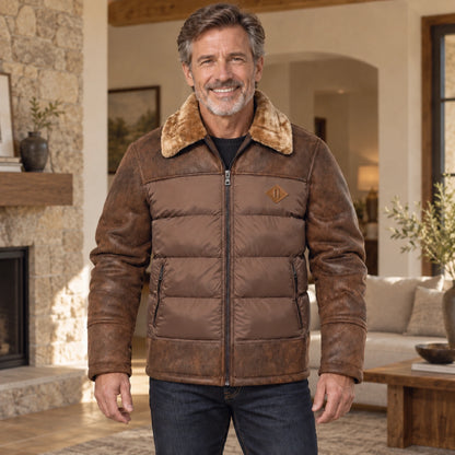 fleece jacket — Mason Brown complete front view, worn by a joyful smiling adult model age 50 in real setting — view 2