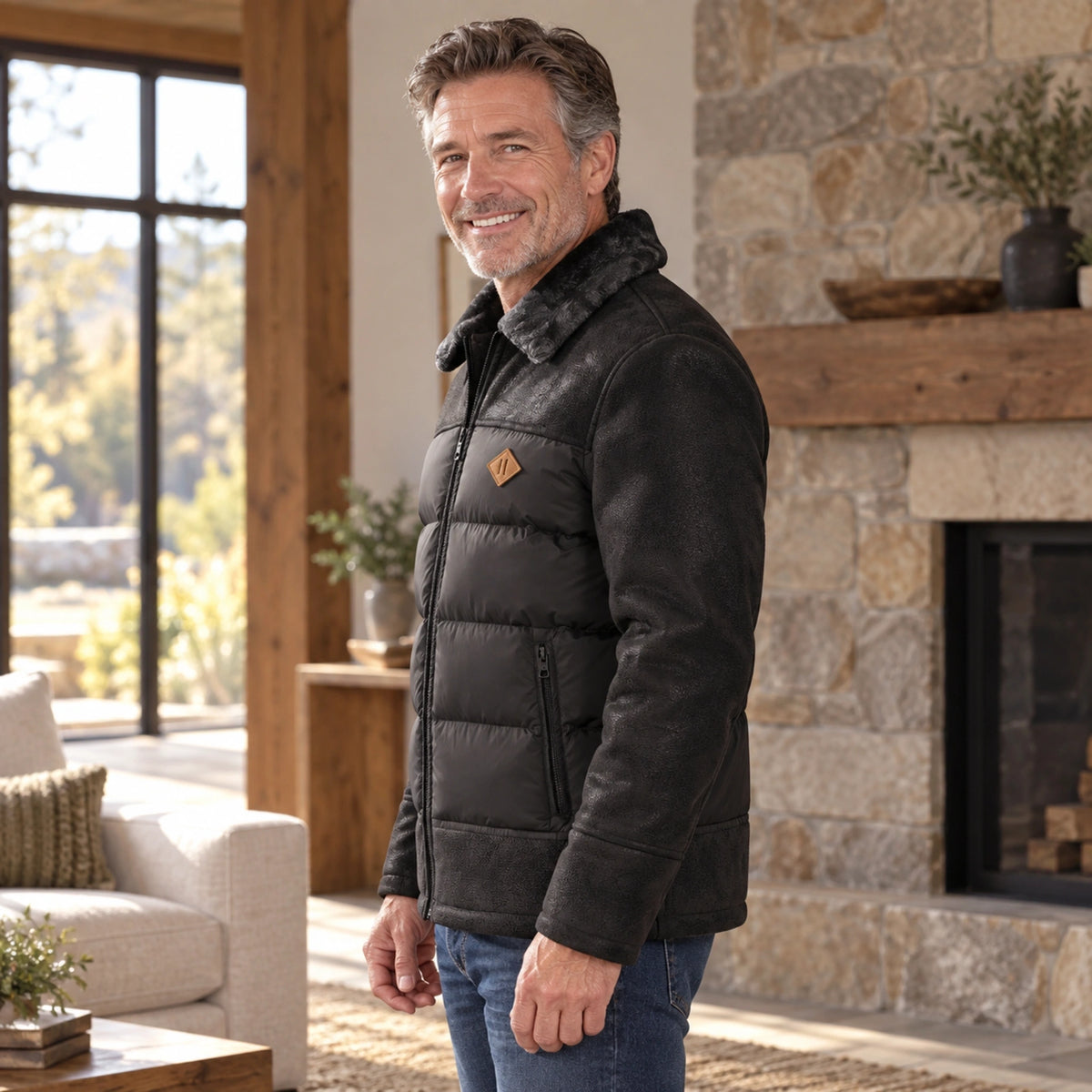 fleece jacket — Mason Black side worn by an adult model in a realistic setting, complete garment visible — view 3