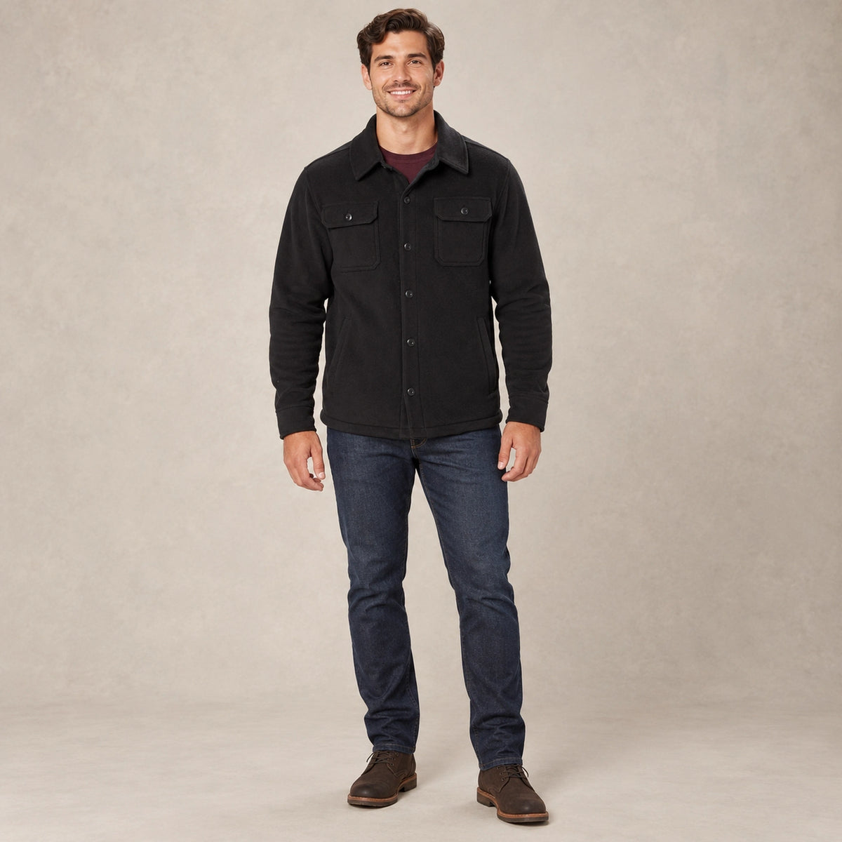 fleece jacket — Men's Button Front Fleece Shirt Jacket — Max, Black, complete view, worn by an adult model, professional