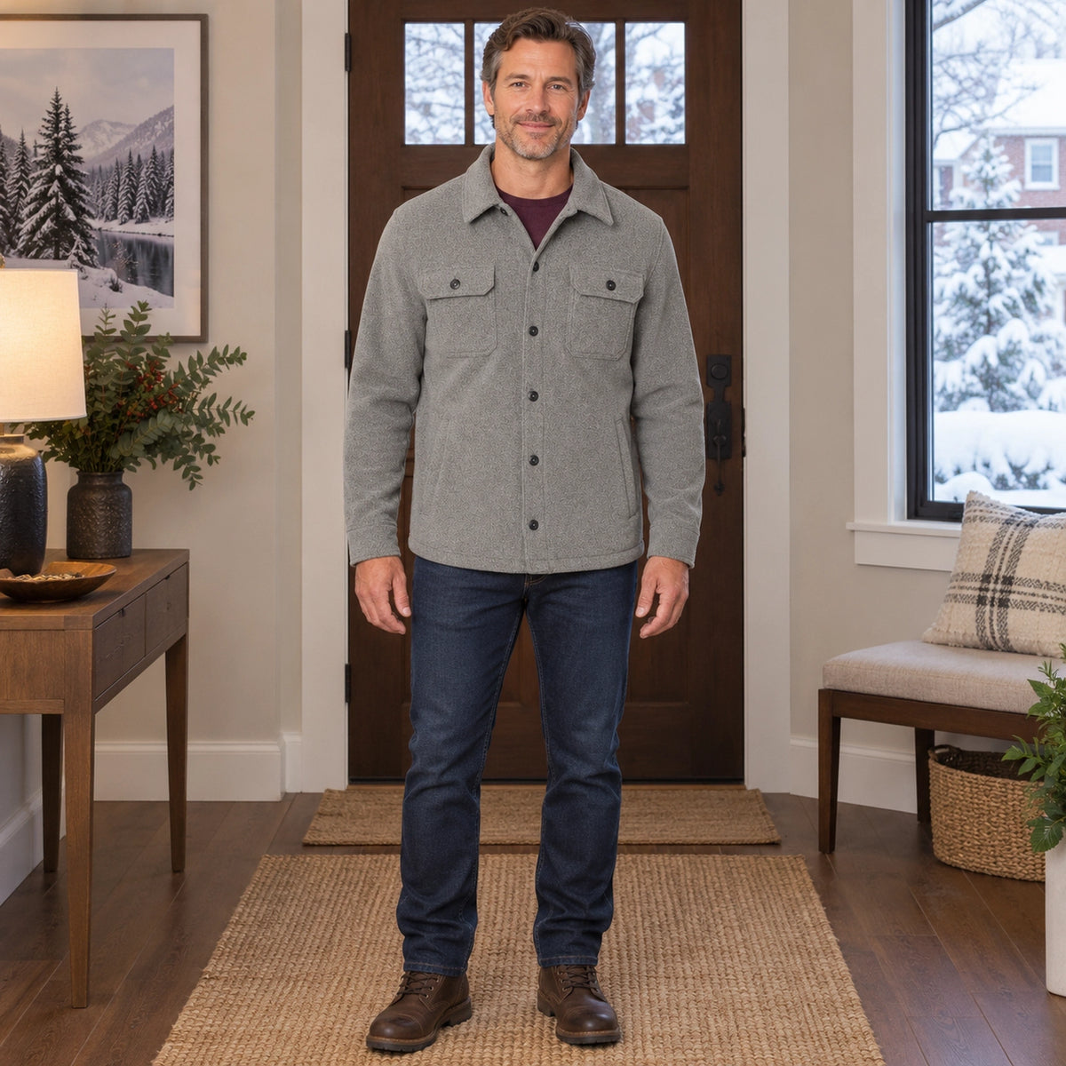 fleece jacket — Men's Button Front Fleece Shirt Jacket — Max, Gray, complete view, worn by an adult model, Usa and — view 2