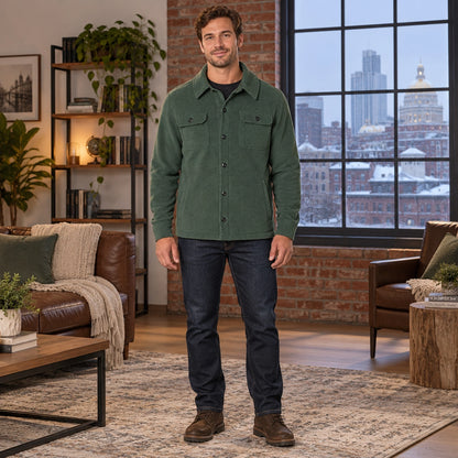fleece jacket — Men's Button Front Fleece Shirt Jacket — Max, Forest Green, complete view, worn by an adult model — view 3