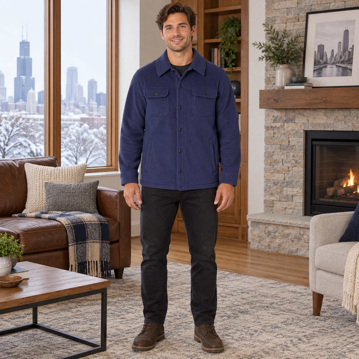 fleece jacket — Men's Button Front Fleece Shirt Jacket — Max, Indigo Blue, complete view, worn by an adult model — view 5
