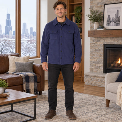 fleece jacket — Men's Button Front Fleece Shirt Jacket — Max, Indigo Blue, complete view, worn by an adult model — view 5