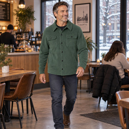 fleece jacket — Men's Button Front Fleece Shirt Jacket — Max, Forest Green, view, worn by an adult model, Usa and — view 8