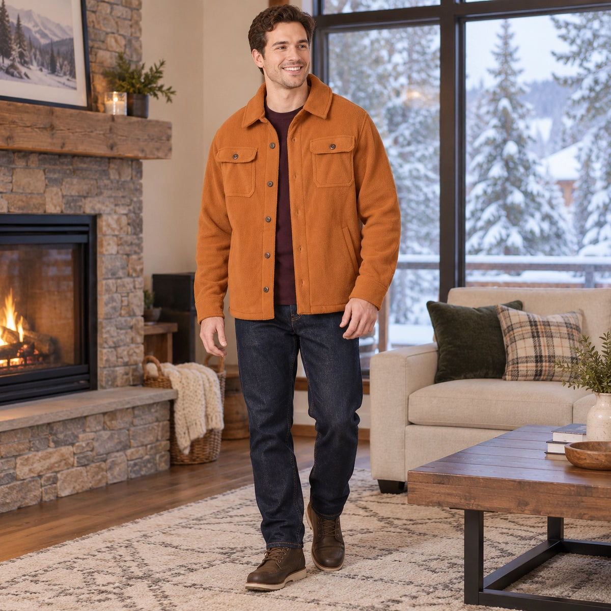 fleece jacket — Men's Button Front Fleece Shirt Jacket — Max, Burnt Orange, view, worn by an adult model, Usa and — view 9