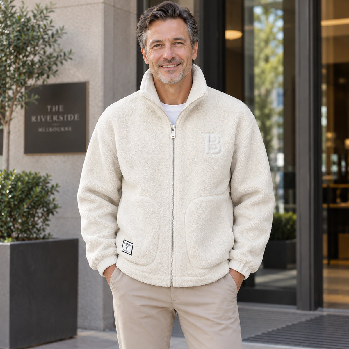 Milan Beige textured fleece jacket front color image on a happy mature male model, complete garment. — view 2