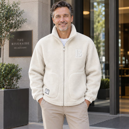 Milan Beige textured fleece jacket front color image on a happy mature male model, complete garment. — view 2