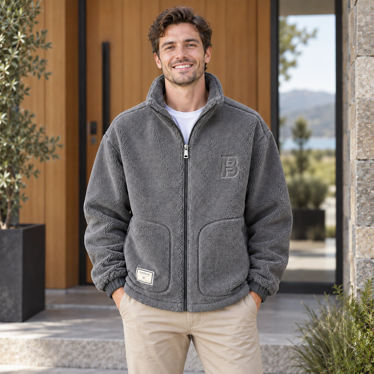 Milan Gray textured fleece jacket front color image on a happy male model, complete garment. — view 3