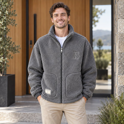 Milan Gray textured fleece jacket front color image on a happy male model, complete garment. — view 3