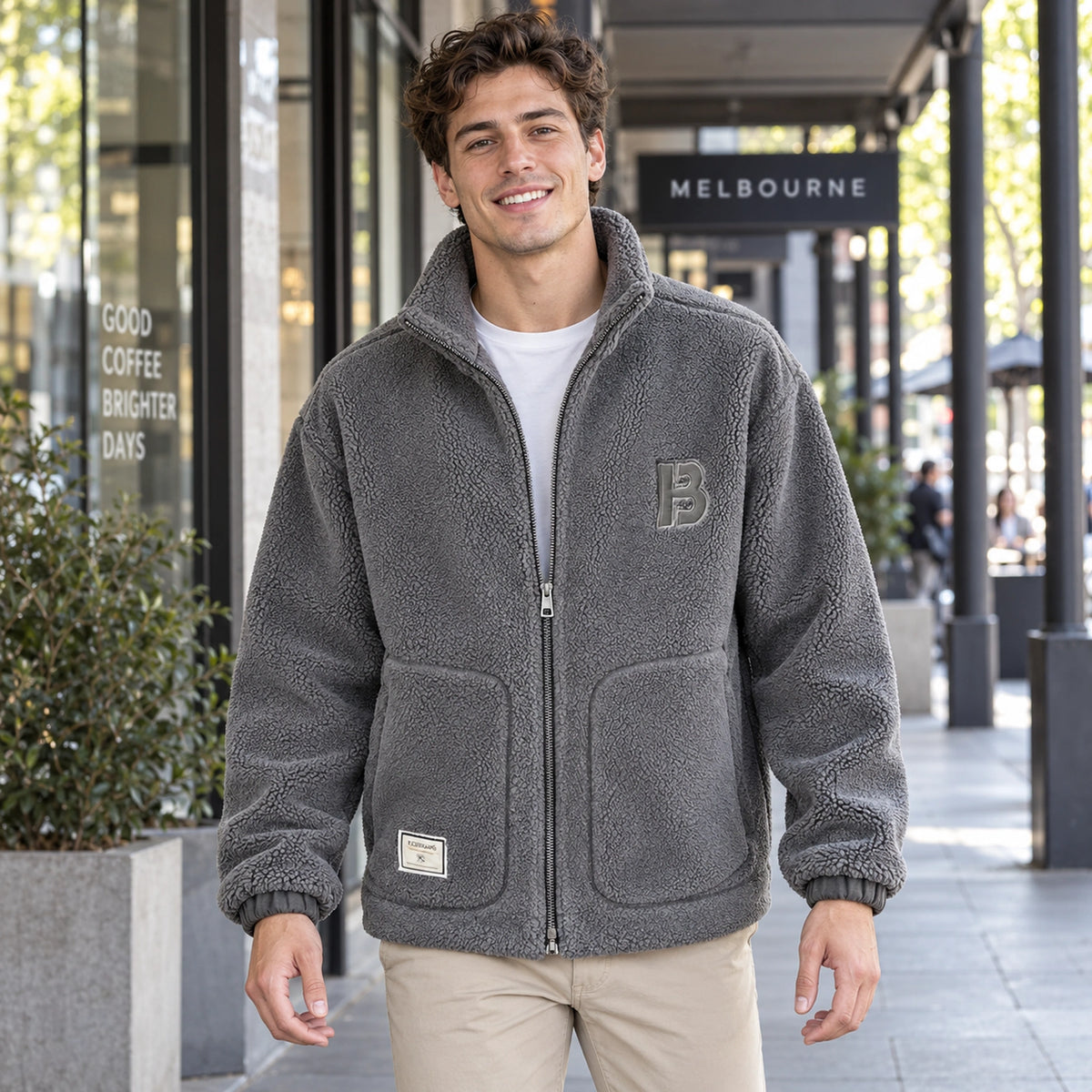 Milan Gray textured fleece jacket partly zipped, complete garment in a natural setting. — view 6