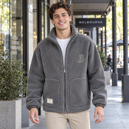 Milan Gray textured fleece jacket partly zipped, complete garment in a natural setting. — view 6