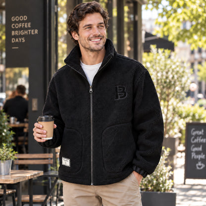 Milan Black textured fleece jacket photo at a Melbourne cafe on cool spring morning. — view 7
