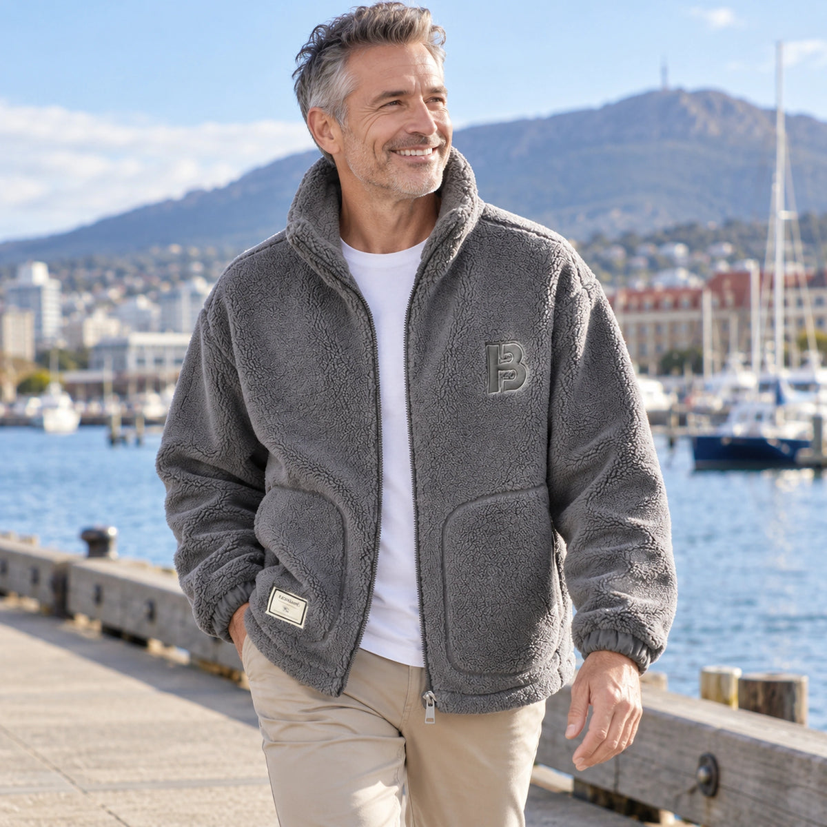 Milan Gray textured fleece jacket photo on a mature male model in Tasmania. — view 8
