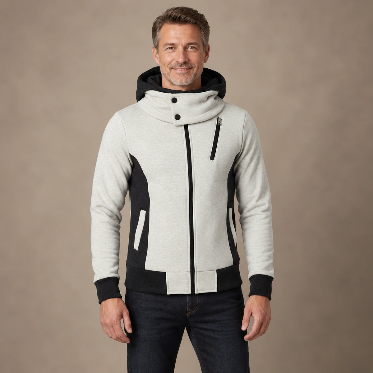 fleece jacket — Men's Hooded Color Block Zip Up Jacket — Patrick, Ivory with Black Panels, complete front view, worn by an