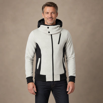 fleece jacket — Men's Hooded Color Block Zip Up Jacket — Patrick, Ivory with Black Panels, complete front view, worn by an