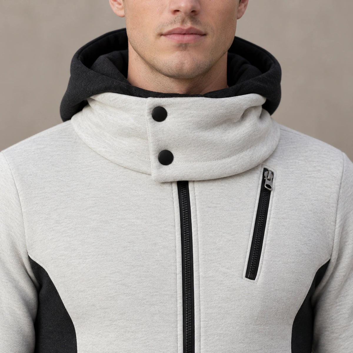 fleece jacket — Men's Hooded Color Block Zip Up Jacket — Patrick, Ivory with Black Panels, garment detail close — view 10