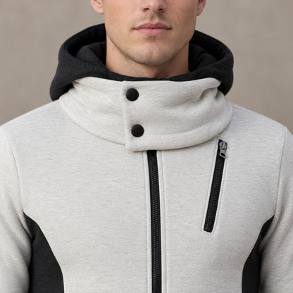 fleece jacket — Men's Hooded Color Block Zip Up Jacket — Patrick, Ivory with Black Panels, garment detail close — view 10