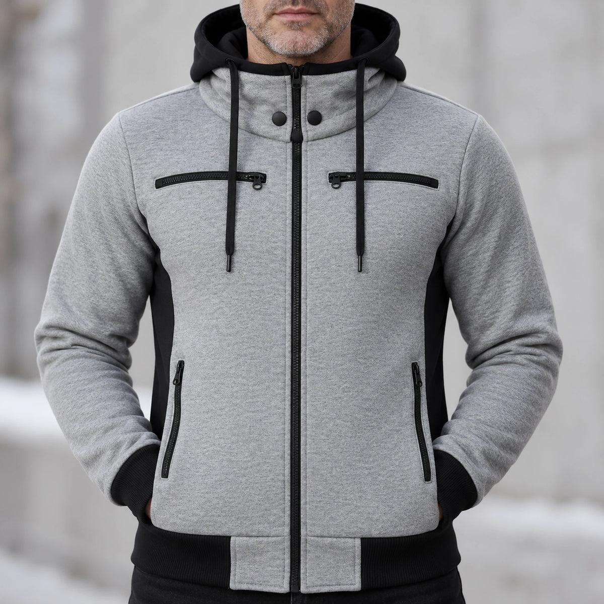 fleece jacket — Men's Hooded Color Block Zip Up Jacket — Patrick, Heather Gray with Black Panels, garment detail — view 11