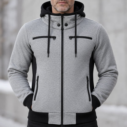 fleece jacket — Men's Hooded Color Block Zip Up Jacket — Patrick, Heather Gray with Black Panels, garment detail — view 11