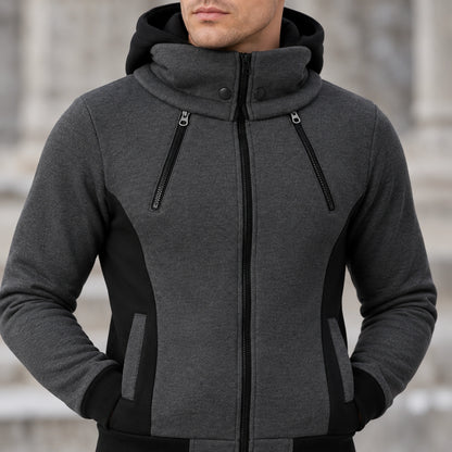fleece jacket — Men's Hooded Color Block Zip Up Jacket — Patrick, Charcoal with Black Panels, garment detail close — view 12