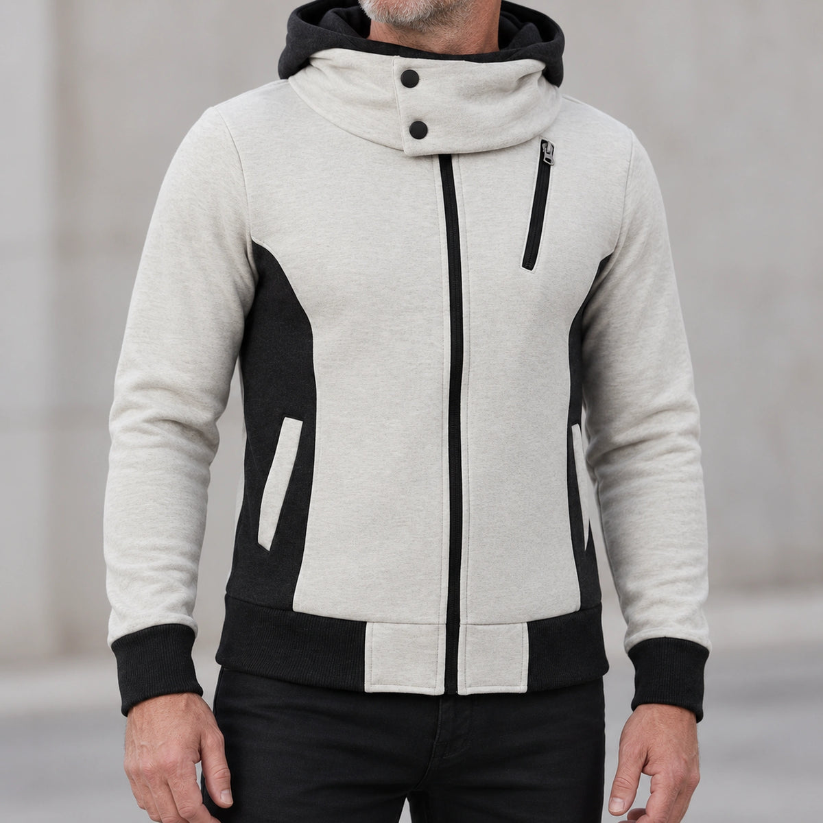 fleece jacket — Men's Hooded Color Block Zip Up Jacket — Patrick, Ivory with Black Panels, garment detail close — view 13