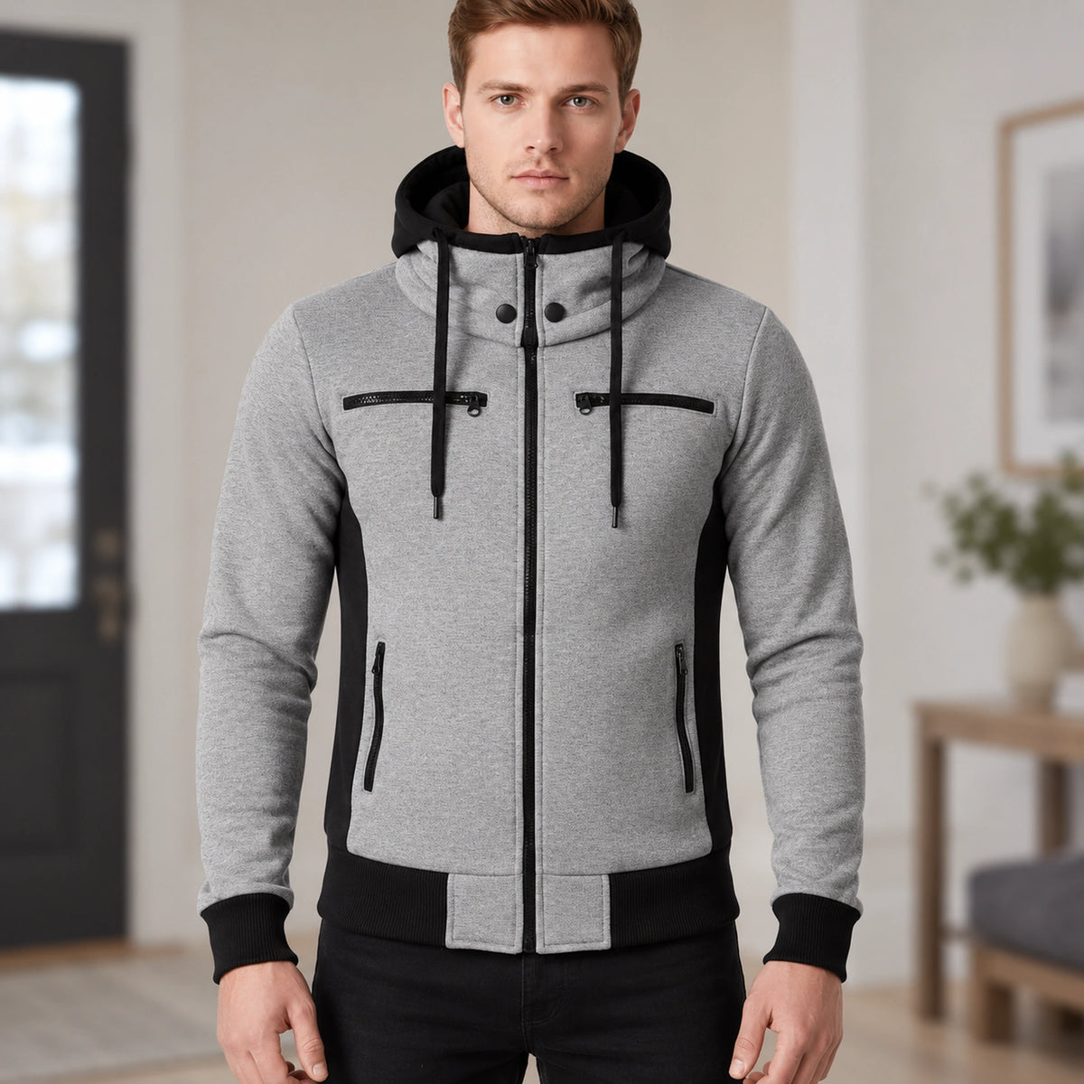 fleece jacket — Men's Hooded Color Block Zip Up Jacket — Patrick, Heather Gray with Black Panels, complete front — view 14