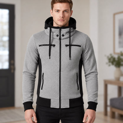 fleece jacket — Men's Hooded Color Block Zip Up Jacket — Patrick, Heather Gray with Black Panels, complete front — view 14