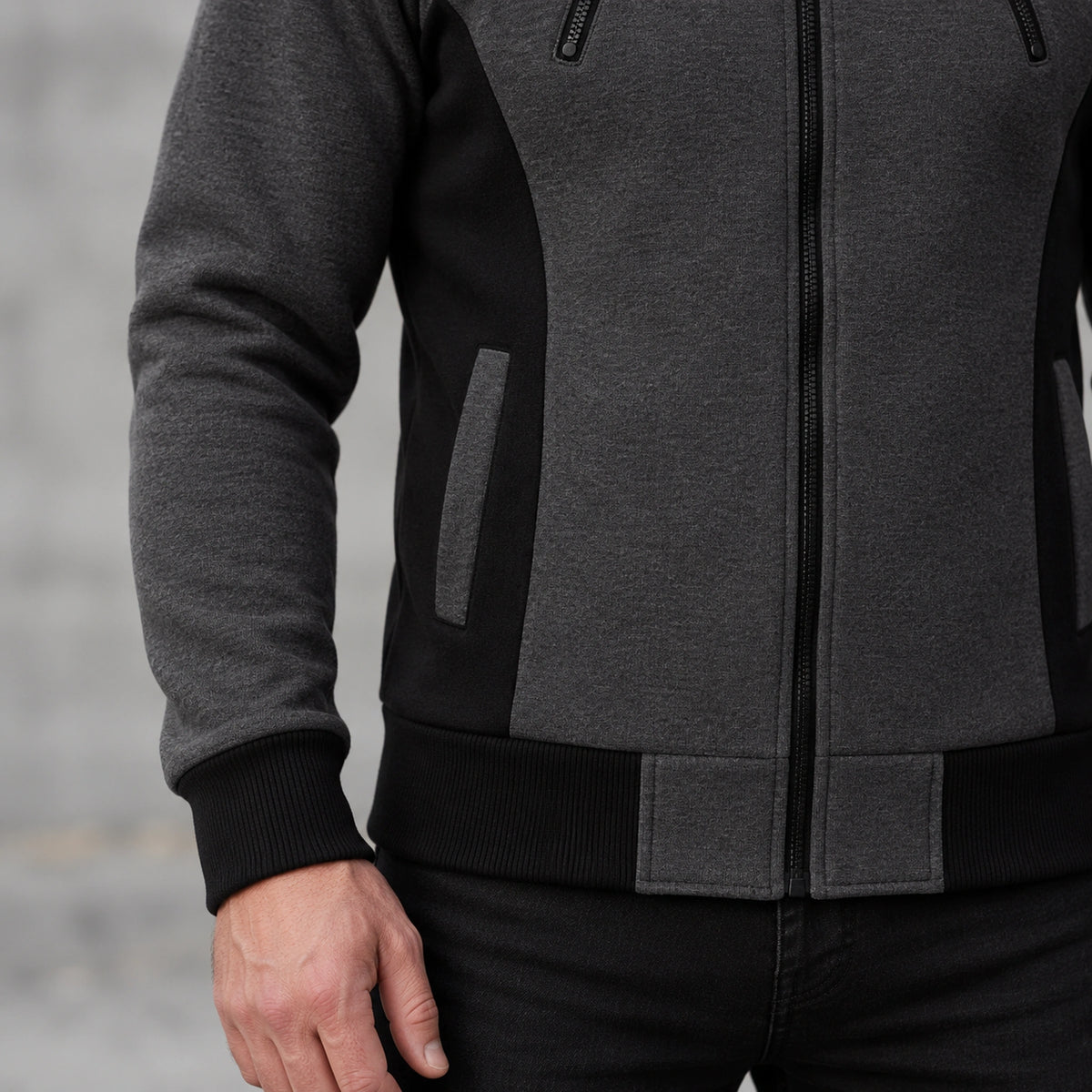 fleece jacket — Men's Hooded Color Block Zip Up Jacket — Patrick, Charcoal with Black Panels, garment detail close — view 15