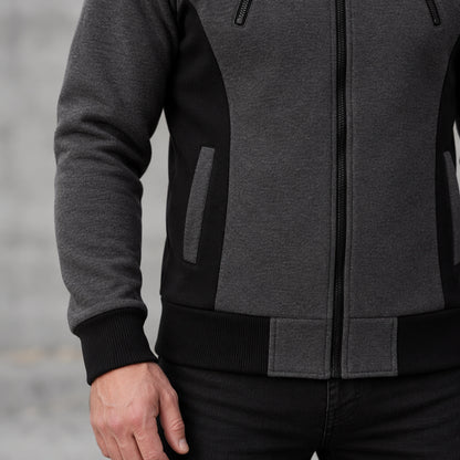 fleece jacket — Men's Hooded Color Block Zip Up Jacket — Patrick, Charcoal with Black Panels, garment detail close — view 15