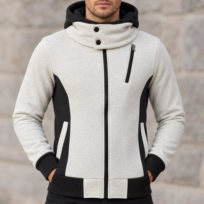 fleece jacket — Men's Hooded Color Block Zip Up Jacket — Patrick, Ivory with Black Panels, garment detail close — view 16