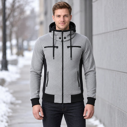 fleece jacket — Men's Hooded Color Block Zip Up Jacket — Patrick, Heather Gray with Black Panels, complete front — view 2