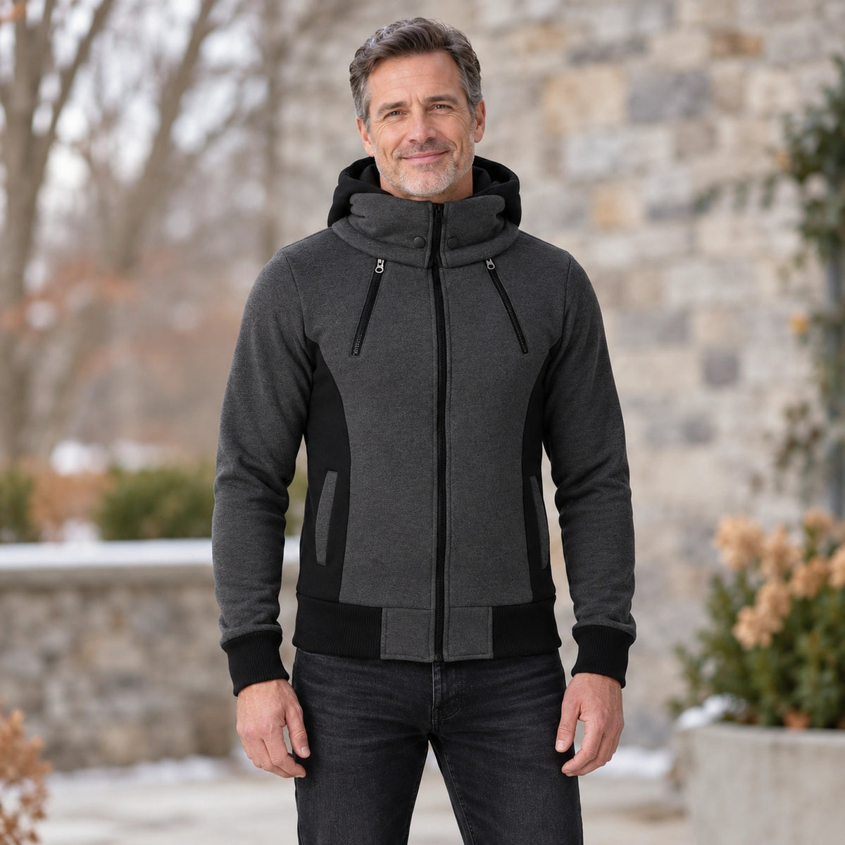fleece jacket — Men's Hooded Color Block Zip Up Jacket — Patrick, Charcoal with Black Panels, complete front view — view 3